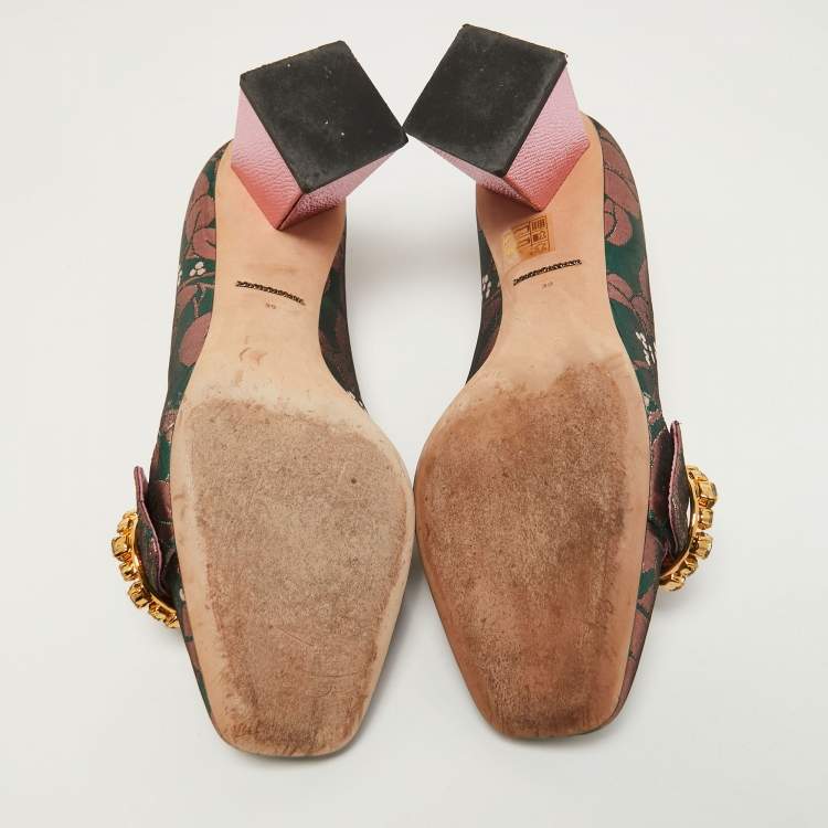 Pre Owned Dolce & Gabbana Green/Pink Floral Brocade Fabric Embellished Block Heel Pumps Size 39