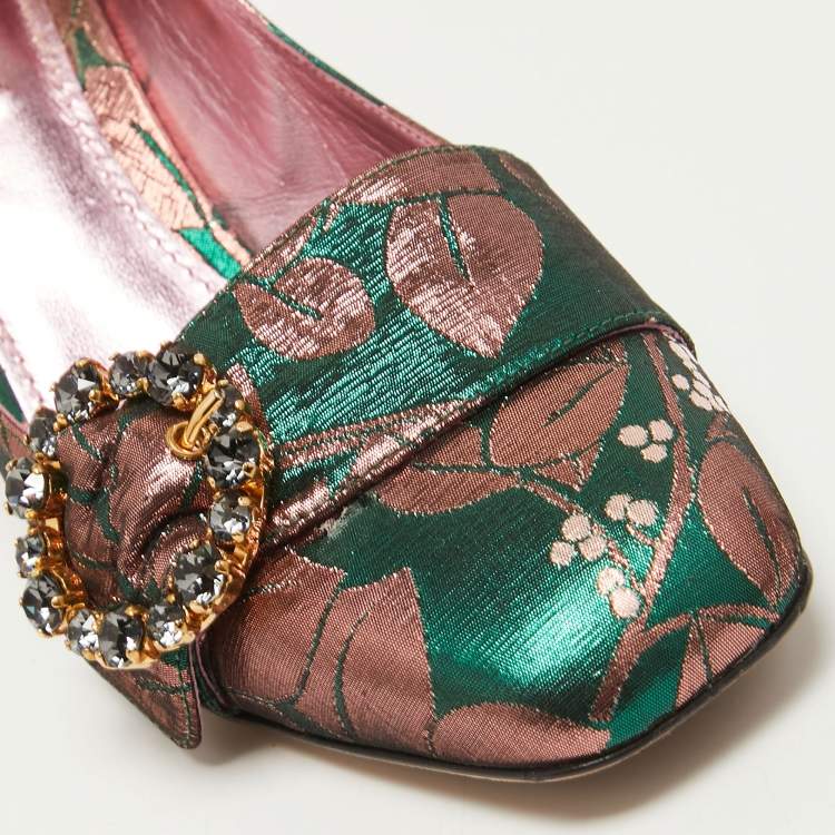 Pre Owned Dolce & Gabbana Green/Pink Floral Brocade Fabric Embellished Block Heel Pumps Size 39