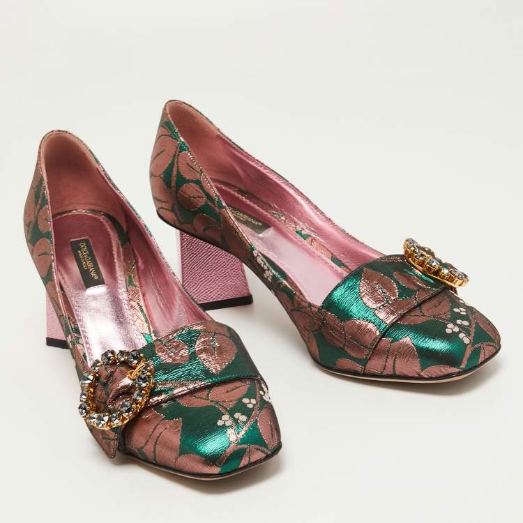 Pre Owned Dolce & Gabbana Green/Pink Floral Brocade Fabric Embellished Block Heel Pumps Size 39