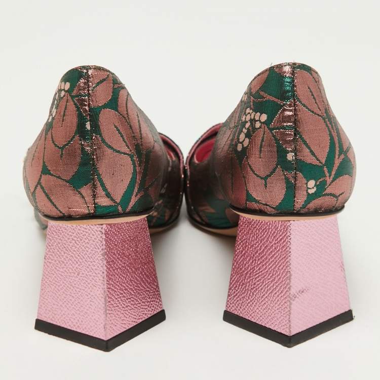 Pre Owned Dolce & Gabbana Green/Pink Floral Brocade Fabric Embellished Block Heel Pumps Size 39