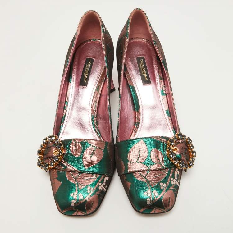 Pre Owned Dolce & Gabbana Green/Pink Floral Brocade Fabric Embellished Block Heel Pumps Size 39