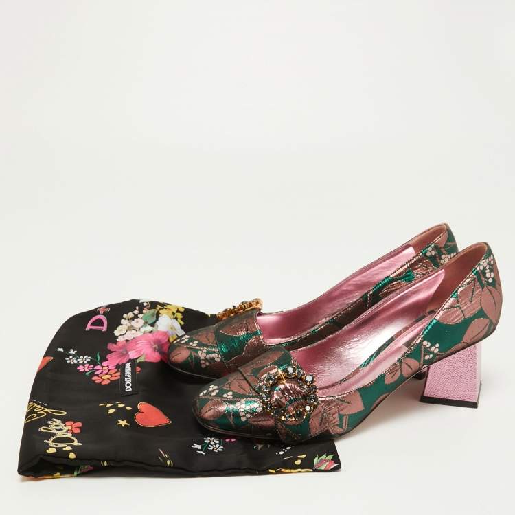 Pre Owned Dolce & Gabbana Green/Pink Floral Brocade Fabric Embellished Block Heel Pumps Size 39