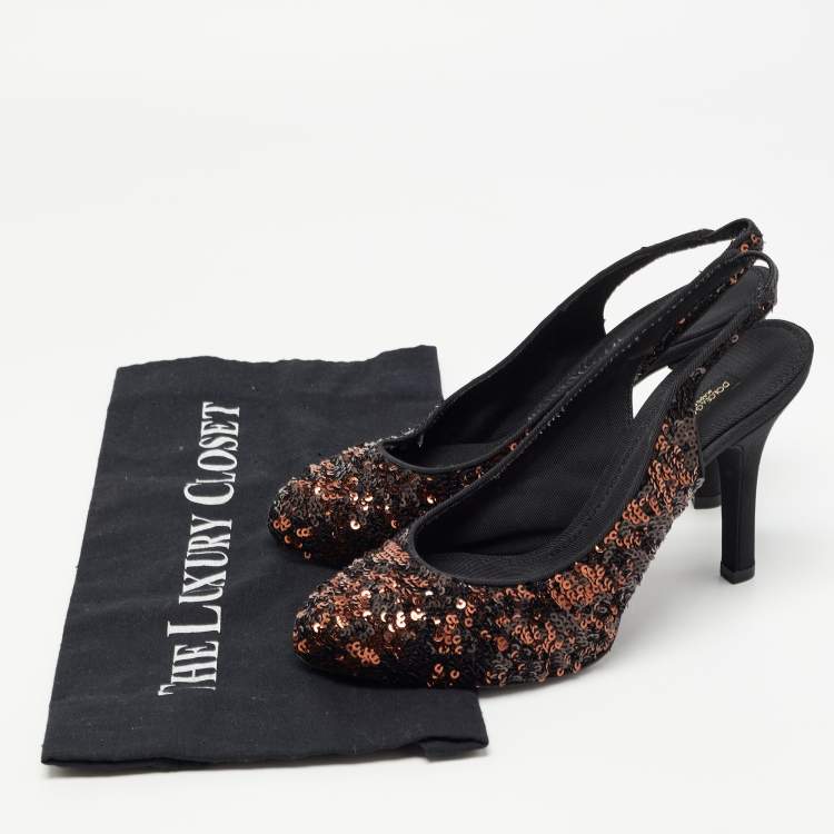 Pre Owned Dolce & Gabbana Black/Brown Sequins Slingback Pumps Size 36