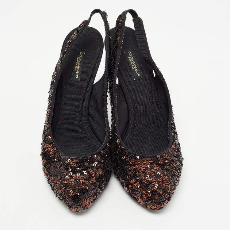 Pre Owned Dolce & Gabbana Black/Brown Sequins Slingback Pumps Size 36