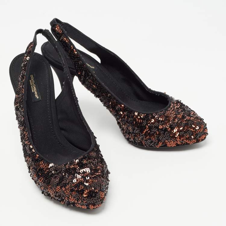 Pre Owned Dolce & Gabbana Black/Brown Sequins Slingback Pumps Size 36