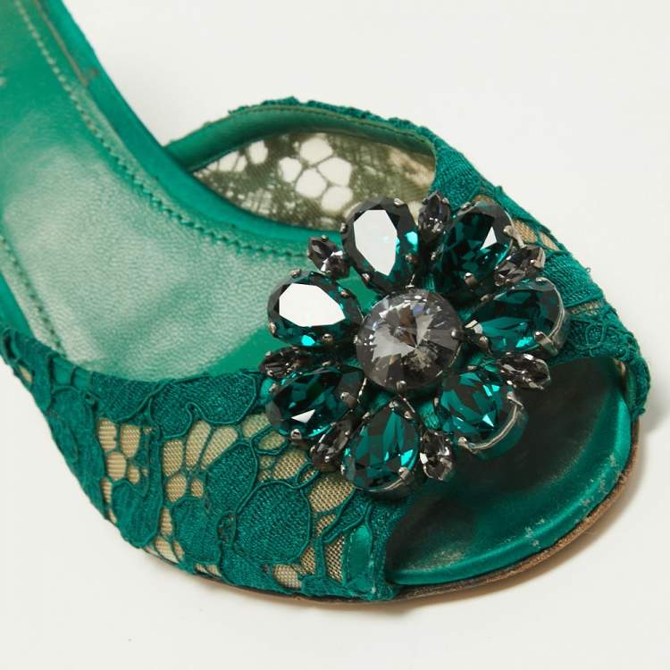 Pre Owned Dolce & Gabbana Green Lace and Mesh  Keria Crystal Embellished Slide Sandals Size 39