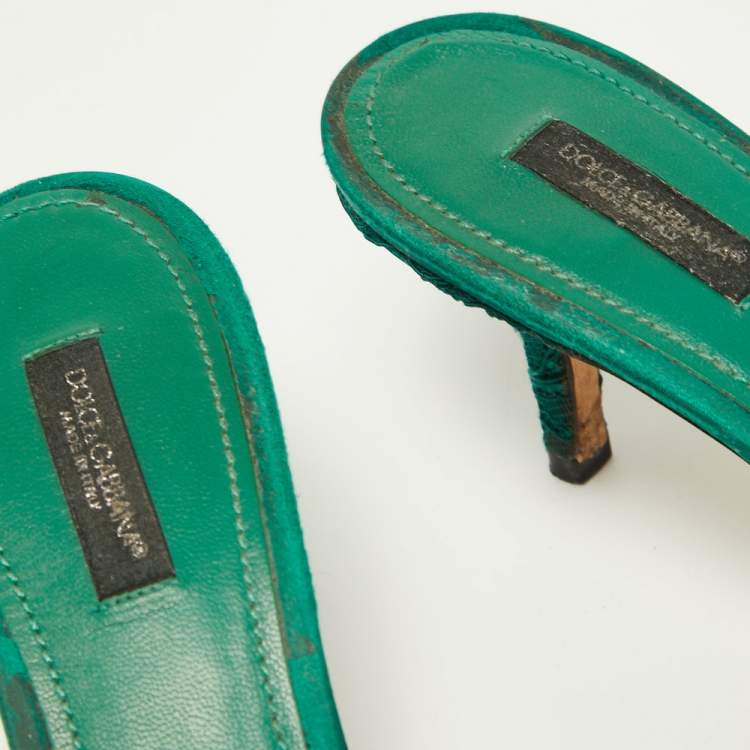Pre Owned Dolce & Gabbana Green Lace and Mesh  Keria Crystal Embellished Slide Sandals Size 39