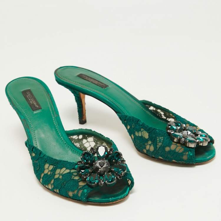 Pre Owned Dolce & Gabbana Green Lace and Mesh  Keria Crystal Embellished Slide Sandals Size 39
