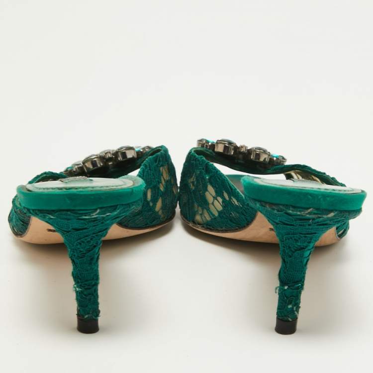 Pre Owned Dolce & Gabbana Green Lace and Mesh  Keria Crystal Embellished Slide Sandals Size 39