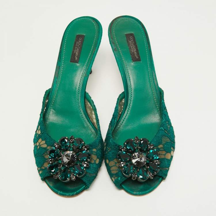 Pre Owned Dolce & Gabbana Green Lace and Mesh  Keria Crystal Embellished Slide Sandals Size 39
