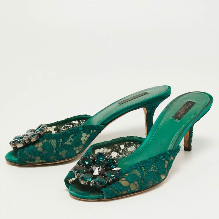 Pre Owned Dolce & Gabbana Green Lace and Mesh  Keria Crystal Embellished Slide Sandals Size 39