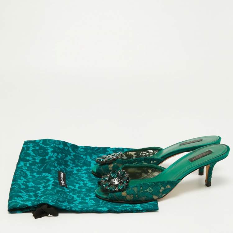 Pre Owned Dolce & Gabbana Green Lace and Mesh  Keria Crystal Embellished Slide Sandals Size 39