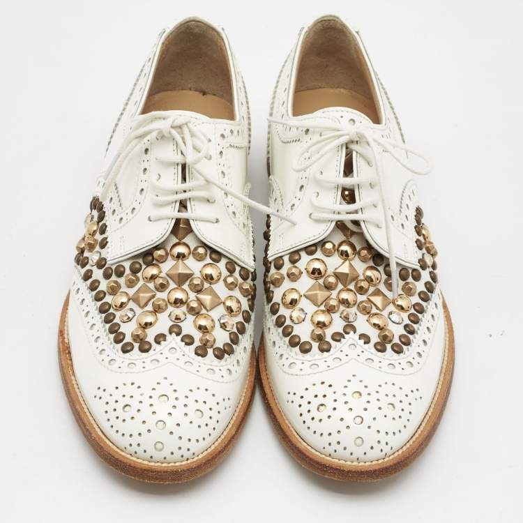 Pre Owned Dolce & Gabbana White Leather Studded Perforated Oxford Size 35 
