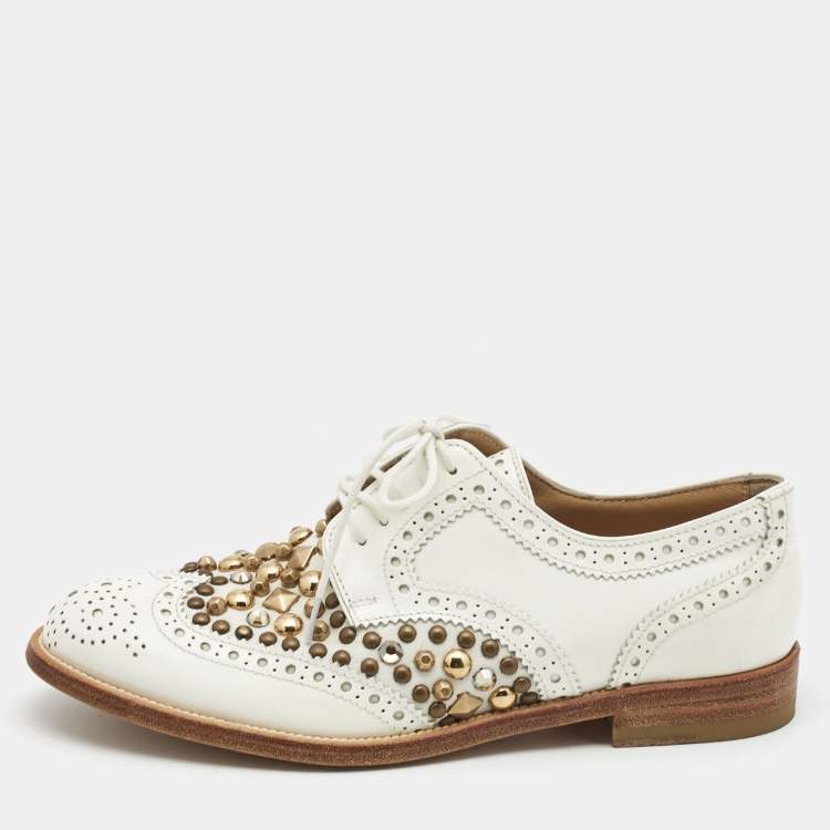 Pre Owned Dolce & Gabbana White Leather Studded Perforated Oxford Size 35 