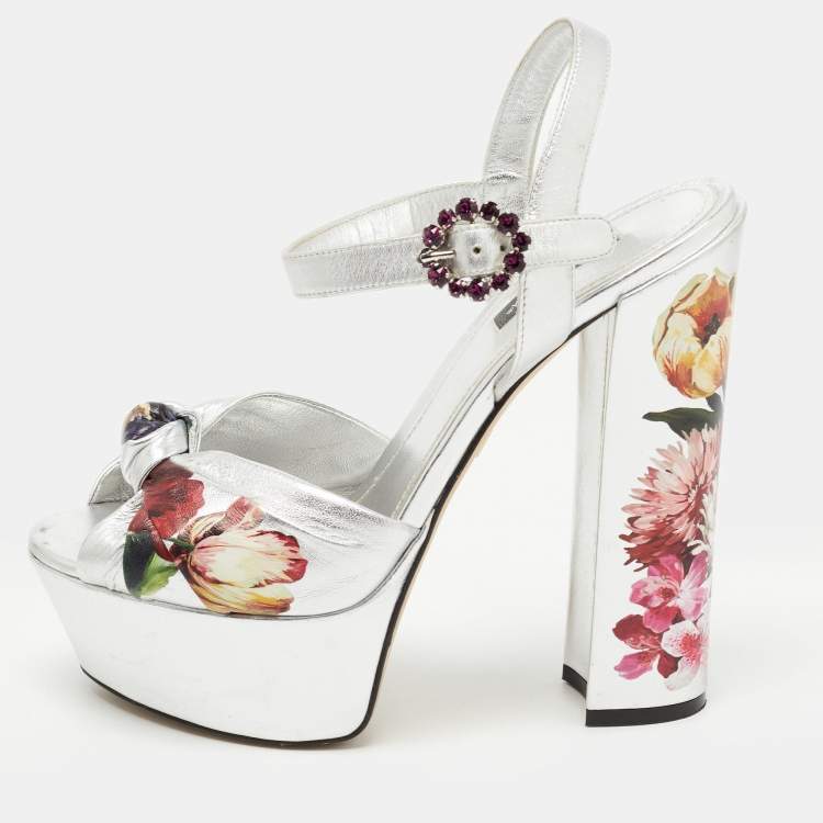 Pre Owned Dolce & Gabbana Silver Knotted Leather Floral Print Platform Ankle Strap Sandals Size 39