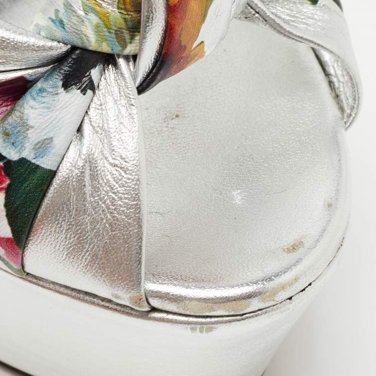 Pre Owned Dolce & Gabbana Silver Knotted Leather Floral Print Platform Ankle Strap Sandals Size 39