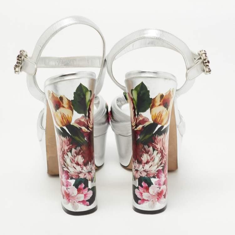 Pre Owned Dolce & Gabbana Silver Knotted Leather Floral Print Platform Ankle Strap Sandals Size 39