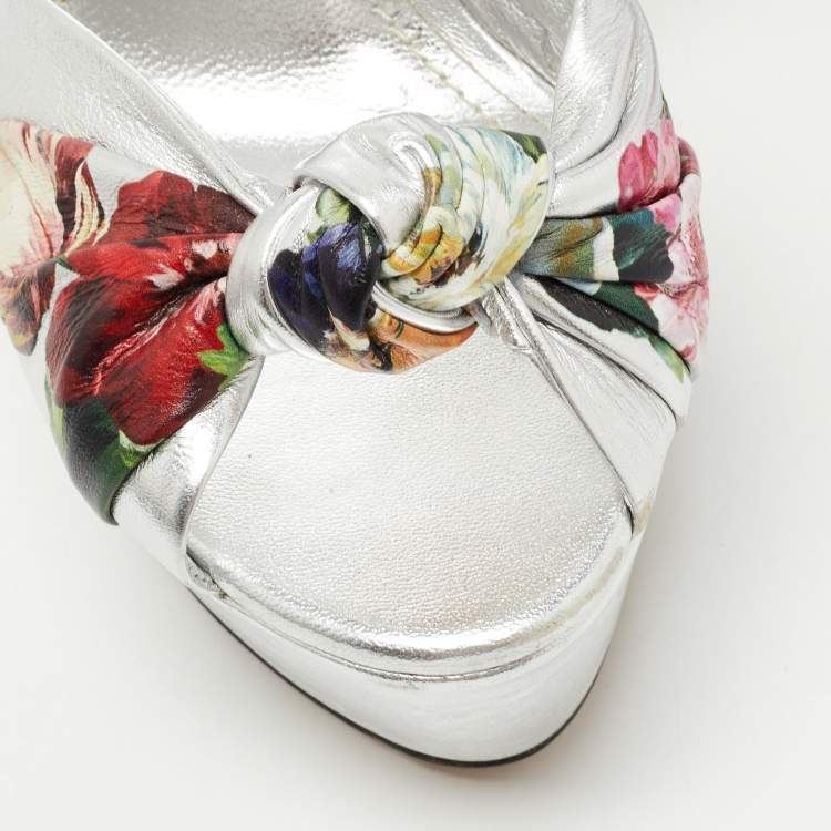 Pre Owned Dolce & Gabbana Silver Knotted Leather Floral Print Platform Ankle Strap Sandals Size 39