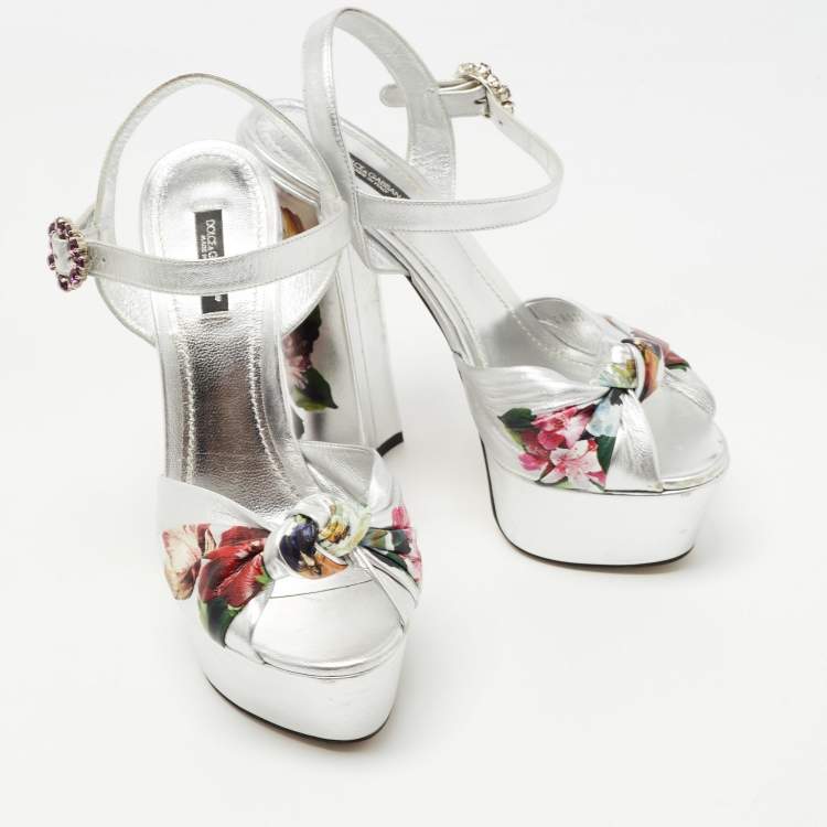 Pre Owned Dolce & Gabbana Silver Knotted Leather Floral Print Platform Ankle Strap Sandals Size 39