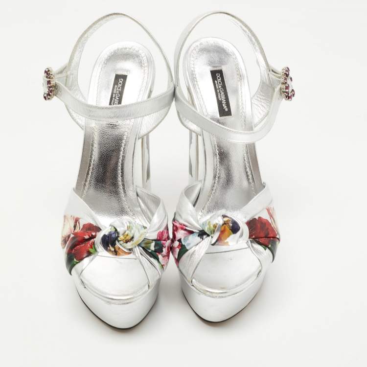 Pre Owned Dolce & Gabbana Silver Knotted Leather Floral Print Platform Ankle Strap Sandals Size 39