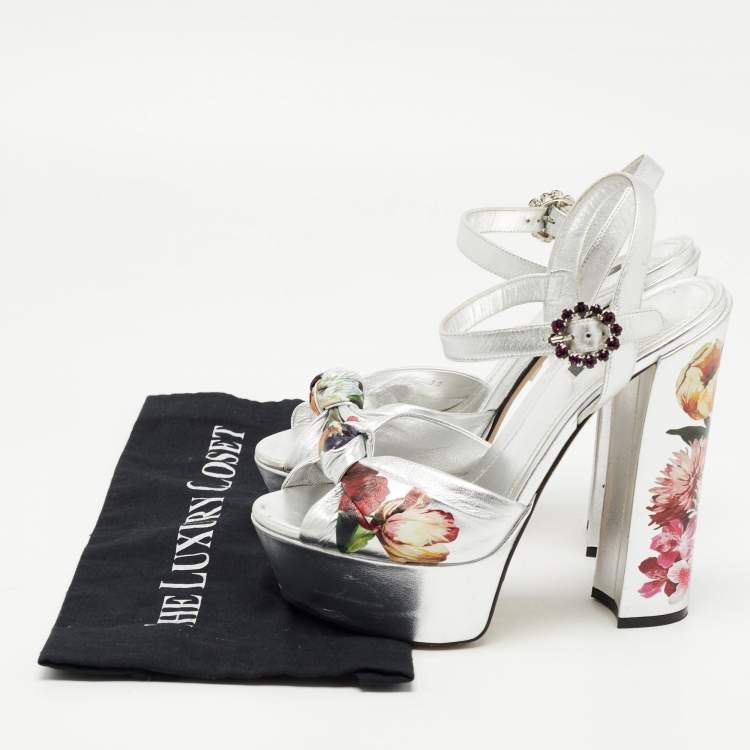 Pre Owned Dolce & Gabbana Silver Knotted Leather Floral Print Platform Ankle Strap Sandals Size 39