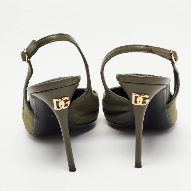 Pre Owned Dolce & Gabbana Army Green Canvas Camouflage Patchwork Slingback Pumps Size 37