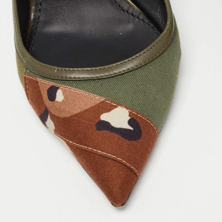 Pre Owned Dolce & Gabbana Army Green Canvas Camouflage Patchwork Slingback Pumps Size 37