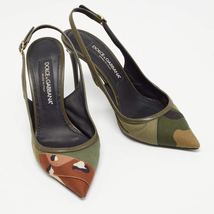 Pre Owned Dolce & Gabbana Army Green Canvas Camouflage Patchwork Slingback Pumps Size 37