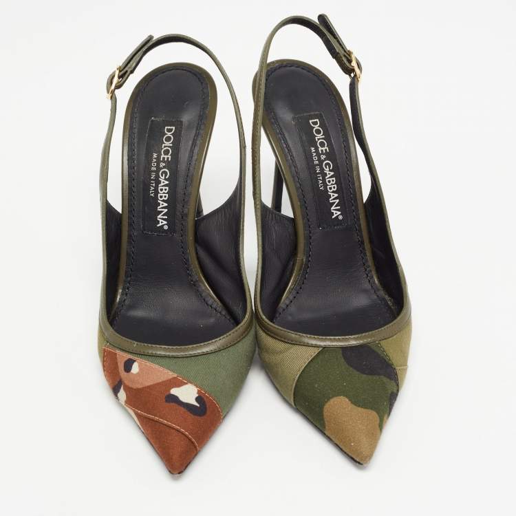 Pre Owned Dolce & Gabbana Army Green Canvas Camouflage Patchwork Slingback Pumps Size 37