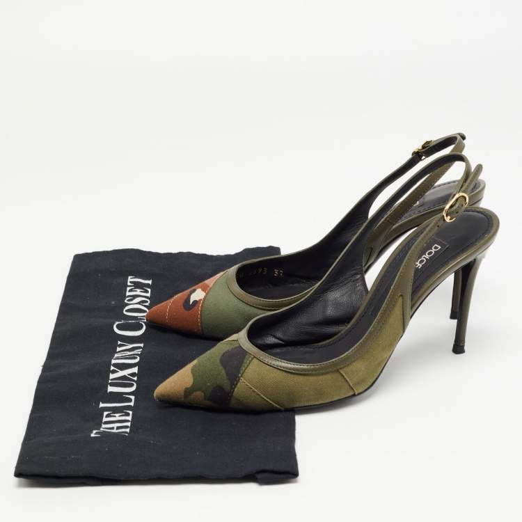 Pre Owned Dolce & Gabbana Army Green Canvas Camouflage Patchwork Slingback Pumps Size 37