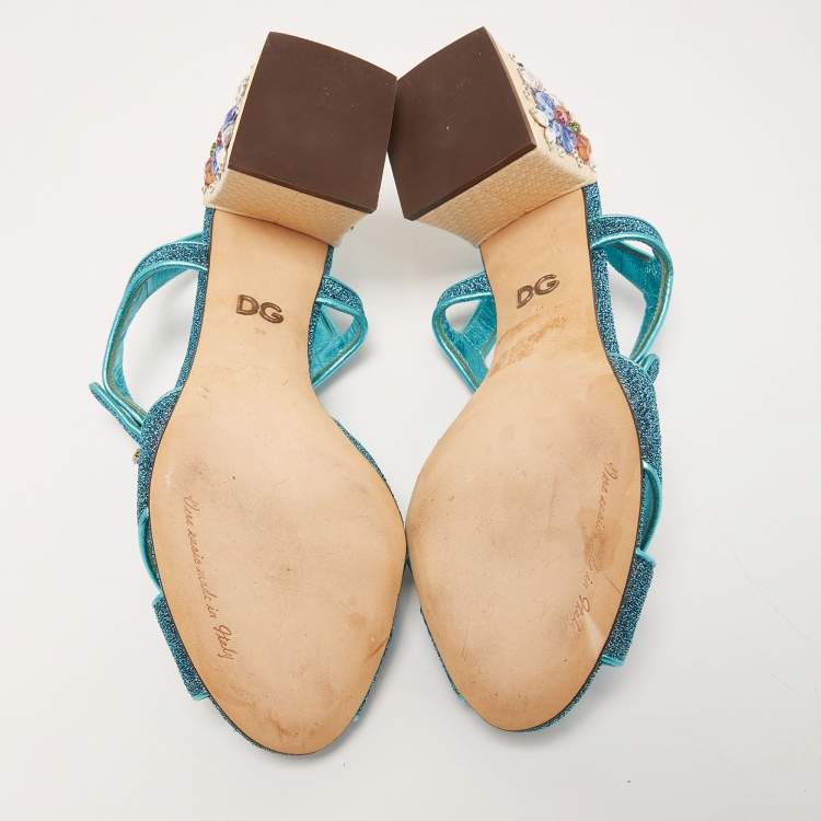 Pre Owned Dolce & Gabbana Blue Lurex Fabric and Leather Block Heel Sandals Size 39