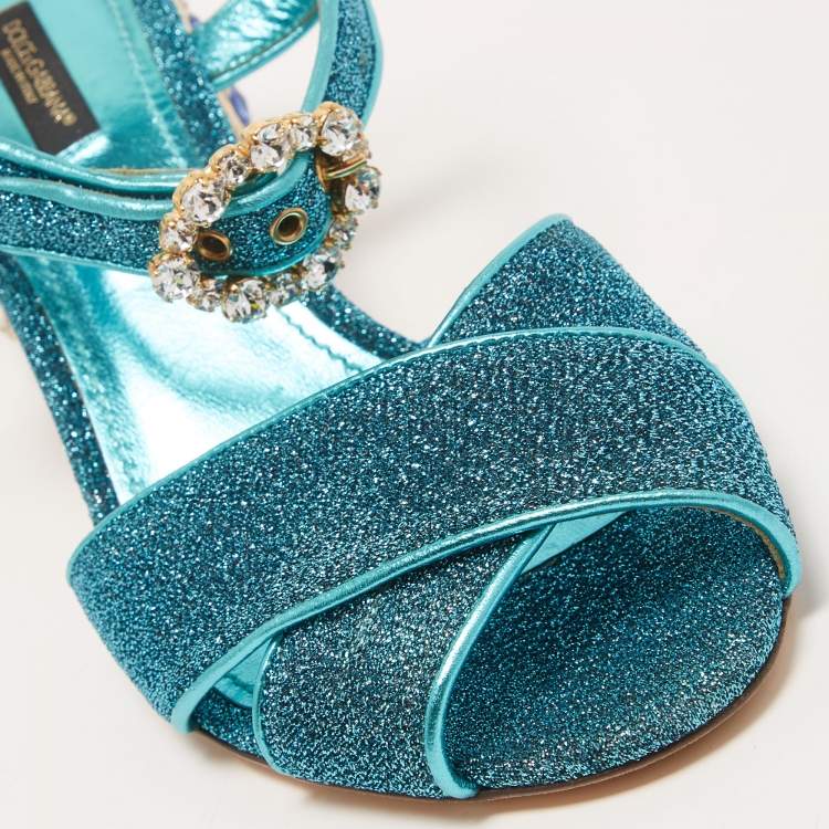 Pre Owned Dolce & Gabbana Blue Lurex Fabric and Leather Block Heel Sandals Size 39