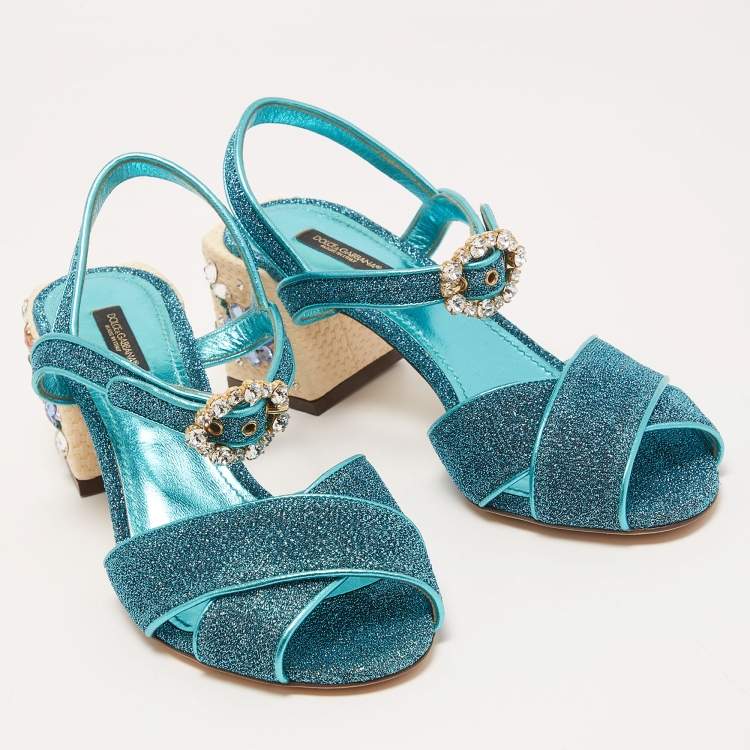 Pre Owned Dolce & Gabbana Blue Lurex Fabric and Leather Block Heel Sandals Size 39