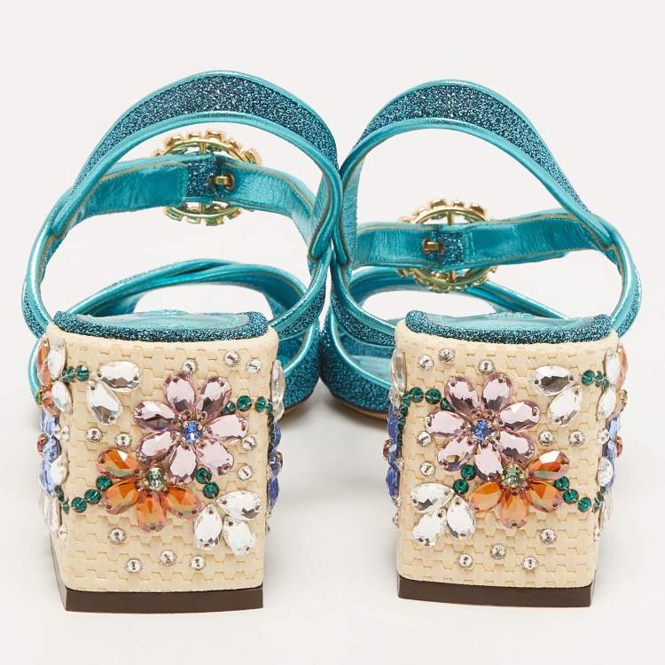 Pre Owned Dolce & Gabbana Blue Lurex Fabric and Leather Block Heel Sandals Size 39