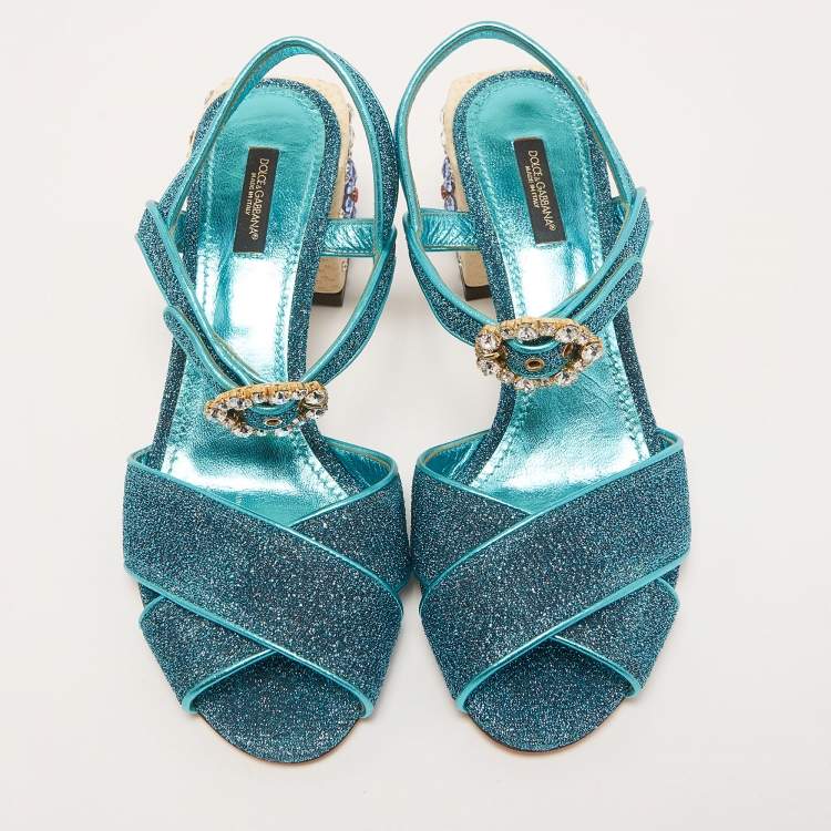 Pre Owned Dolce & Gabbana Blue Lurex Fabric and Leather Block Heel Sandals Size 39