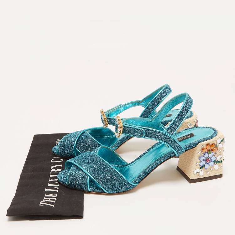 Pre Owned Dolce & Gabbana Blue Lurex Fabric and Leather Block Heel Sandals Size 39