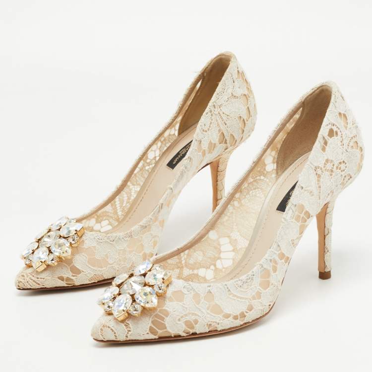 Pre Owned Dolce & Gabbana Off White Lace and Mesh Bellucci Pumps Size 36
