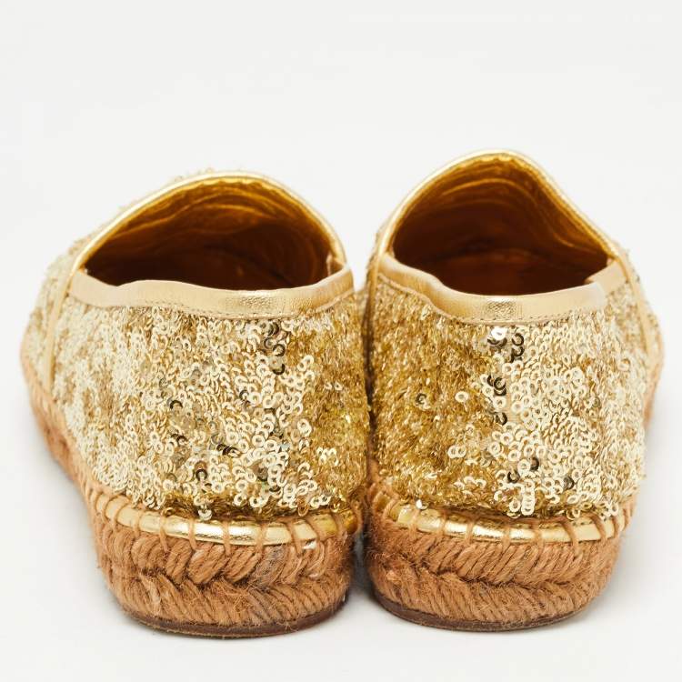 Pre Owned Dolce & Gabbana Gold Sequin Slip On Espadrille Flats Size 37