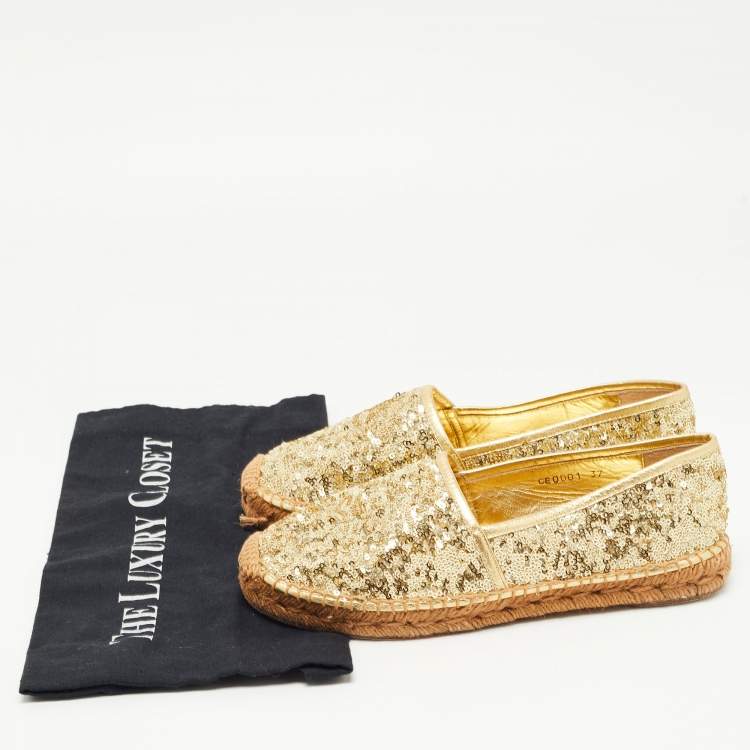 Pre Owned Dolce & Gabbana Gold Sequin Slip On Espadrille Flats Size 37