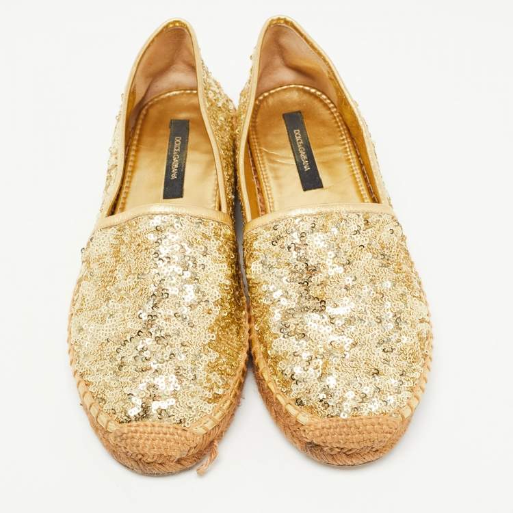 Pre Owned Dolce & Gabbana Gold Sequin Slip On Espadrille Flats Size 37