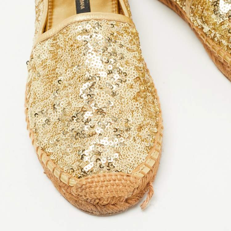 Pre Owned Dolce & Gabbana Gold Sequin Slip On Espadrille Flats Size 37