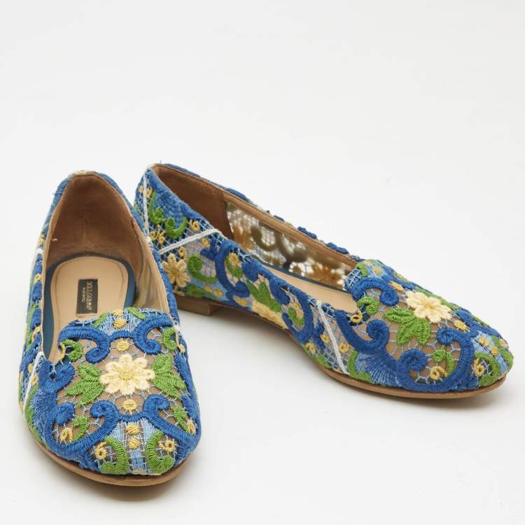 Pre Owned Dolce & Gabbana Tricolor Floral Lace Smoking Slippers Size 37