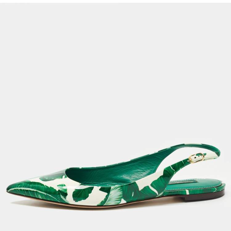 Pre Owned Dolce & Gabbana Green/White Printed Patent Leather Slingback Flats Size 41