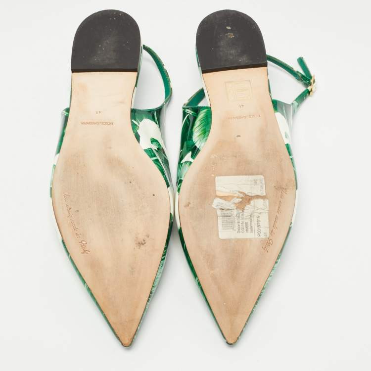 Pre Owned Dolce & Gabbana Green/White Printed Patent Leather Slingback Flats Size 41