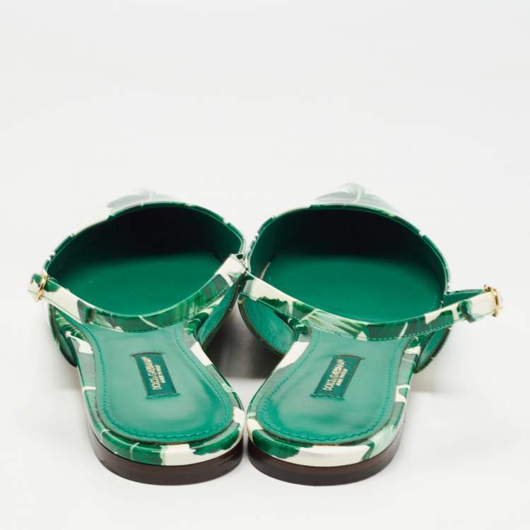 Pre Owned Dolce & Gabbana Green/White Printed Patent Leather Slingback Flats Size 41