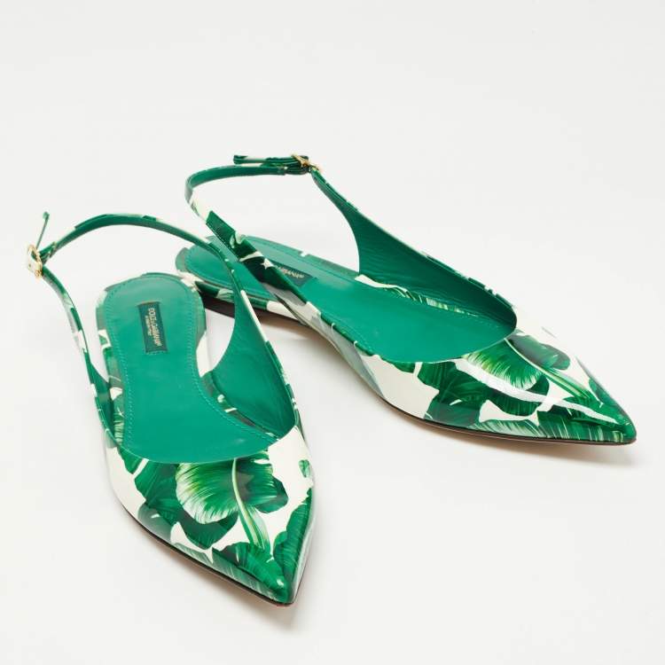 Pre Owned Dolce & Gabbana Green/White Printed Patent Leather Slingback Flats Size 41