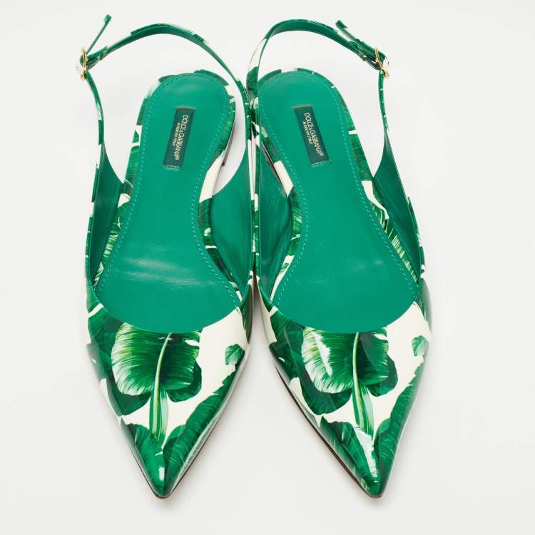 Pre Owned Dolce & Gabbana Green/White Printed Patent Leather Slingback Flats Size 41
