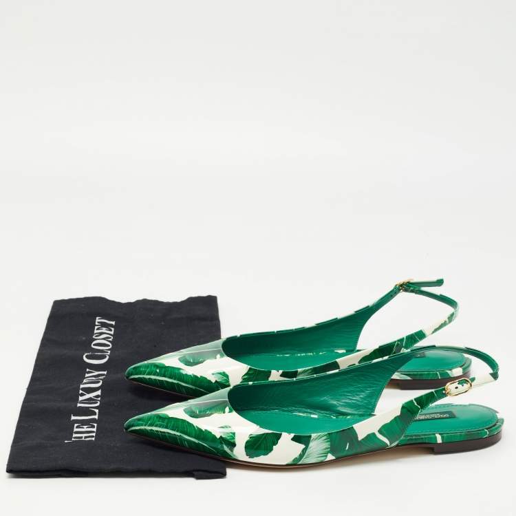 Pre Owned Dolce & Gabbana Green/White Printed Patent Leather Slingback Flats Size 41