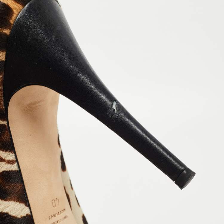 Pre Owned Dolce & Gabbana Beige/Brown Leopard Print Pony Hair Bow Peep Toe Pumps Size 40