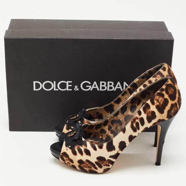 Pre Owned Dolce & Gabbana Beige/Brown Leopard Print Pony Hair Bow Peep Toe Pumps Size 40